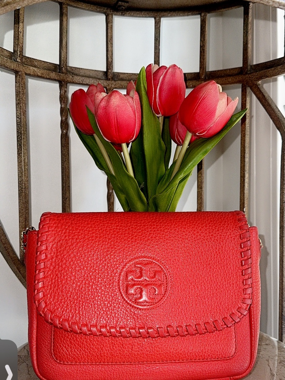 Tory Burch Red Pebbled Leather Whipstitch Crossbody